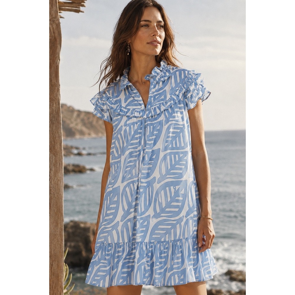 CK Bradley Blue White Leaf Print Ruffle Cotton Shift Dress‎ Small Side Pockets